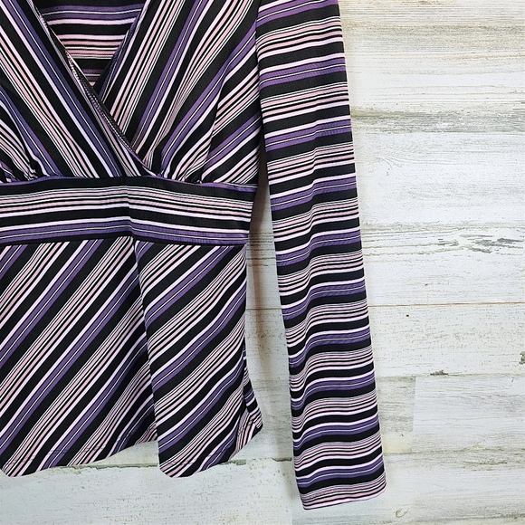 Y2K My Michelle Striped Wrap Top Long Sleeve V-Neck Retro Stretch Blouse Large - Picture 12 of 14